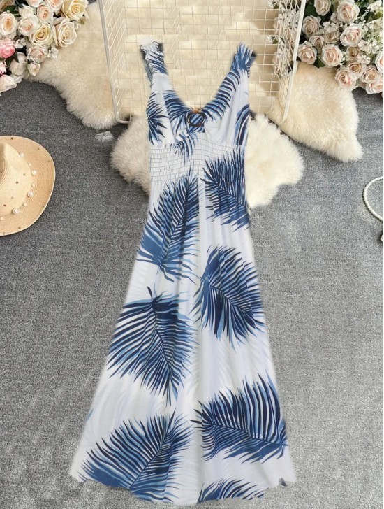 Palm Leaves V -Neck Sleeveless Summer Dress